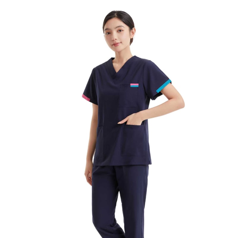 Set scrub medical unisex în stil coreean, cu țesătură Chenille elastică și uscare rapidă (90–95% spandex), protecție împotriva radiațiilor, mâneci 5/4, guler de blană, Primăvară-Vară 2025.