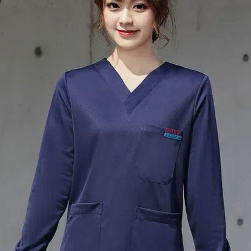 Set scrub medical unisex în stil coreean, cu țesătură Chenille elastică și uscare rapidă (90–95% spandex), protecție împotriva radiațiilor, mâneci 5/4, guler de blană, Primăvară-Vară 2025.