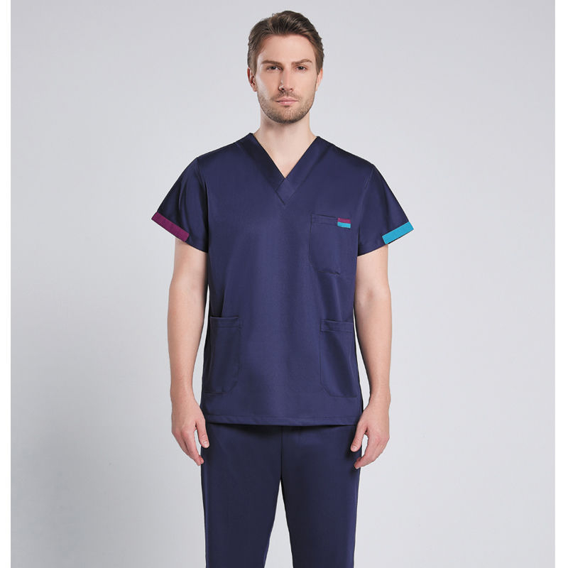 Set scrub medical unisex în stil coreean, cu țesătură Chenille elastică și uscare rapidă (90–95% spandex), protecție împotriva radiațiilor, mâneci 5/4, guler de blană, Primăvară-Vară 2025.