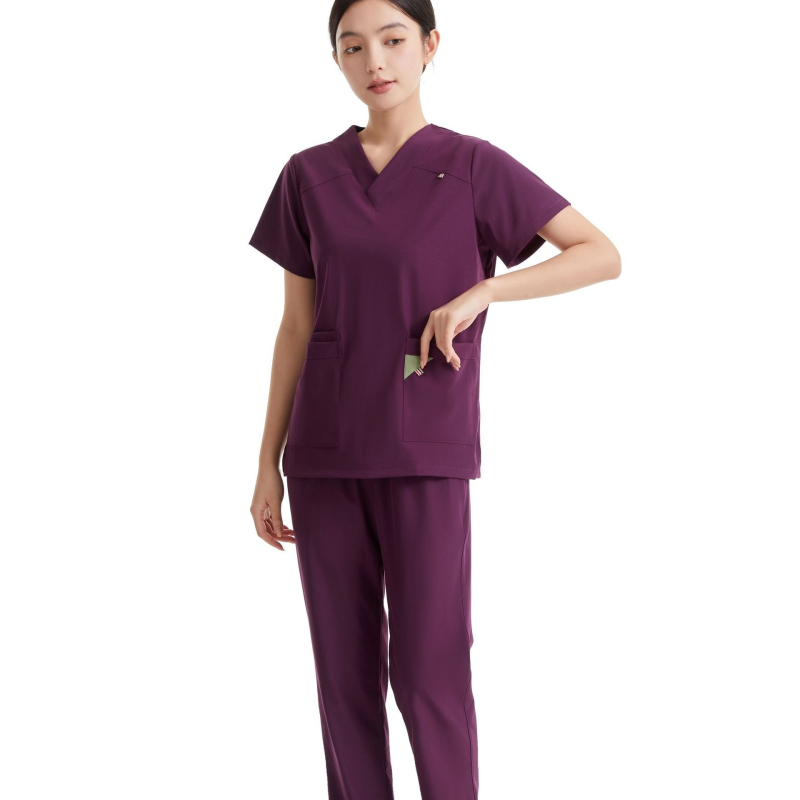 Set scrub medical unisex în stil coreean, cu țesătură Chenille elastică și uscare rapidă (90–95% spandex), protecție împotriva radiațiilor, mâneci 5/4, guler de blană, Primăvară-Vară 2025.