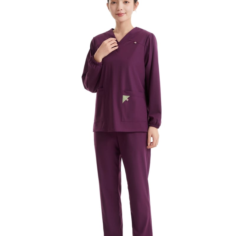 Set scrub medical unisex în stil coreean, cu țesătură Chenille elastică și uscare rapidă (90–95% spandex), protecție împotriva radiațiilor, mâneci 5/4, guler de blană, Primăvară-Vară 2025.