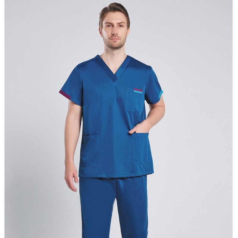 Set scrub medical unisex în stil coreean, cu țesătură Chenille elastică și uscare rapidă (90–95% spandex), protecție împotriva radiațiilor, mâneci 5/4, guler de blană, Primăvară-Vară 2025.