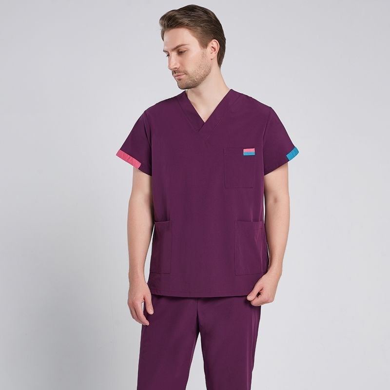 Set scrub medical unisex în stil coreean, cu țesătură Chenille elastică și uscare rapidă (90–95% spandex), protecție împotriva radiațiilor, mâneci 5/4, guler de blană, Primăvară-Vară 2025.