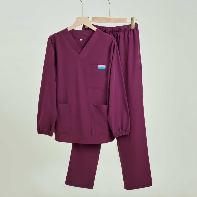 Set scrub medical unisex în stil coreean, cu țesătură Chenille elastică și uscare rapidă (90–95% spandex), protecție împotriva radiațiilor, mâneci 5/4, guler de blană, Primăvară-Vară 2025.