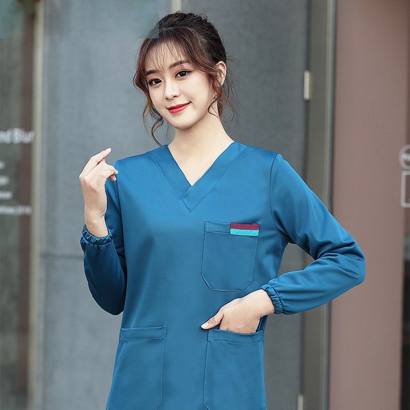 Set scrub medical unisex în stil coreean, cu țesătură Chenille elastică și uscare rapidă (90–95% spandex), protecție împotriva radiațiilor, mâneci 5/4, guler de blană, Primăvară-Vară 2025.