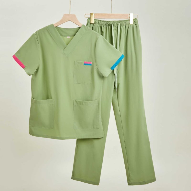 Set scrub medical unisex în stil coreean, cu țesătură Chenille elastică și uscare rapidă (90–95% spandex), protecție împotriva radiațiilor, mâneci 5/4, guler de blană, Primăvară-Vară 2025.