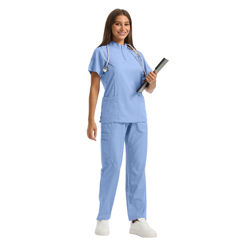 Set medical unisex haine de lucru — Bluza cu mâneci scurte, decolteu în V, material care disipă umezeala, amestec poliester-spandex, pantaloni