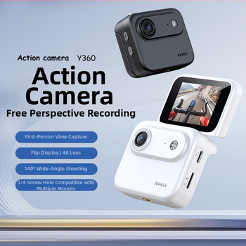 Y360 sporta kamera ar apgriežamu ekrānu, 4K video, stabilizācija, 143° platleņķa skats, 2,0 collu LCD