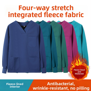 Set scrub unisex pentru clinici dentare și veterinare, căptușit cu fleece, mâneci lungi, costum split (top și bottom), decolteu în V, 90–95% elastan