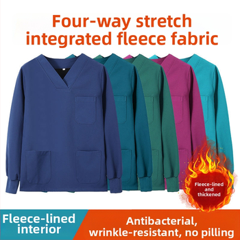 Set scrub unisex pentru clinici dentare și veterinare, căptușit cu fleece, mâneci lungi, costum split (top și bottom), decolteu în V, 90–95% elastan