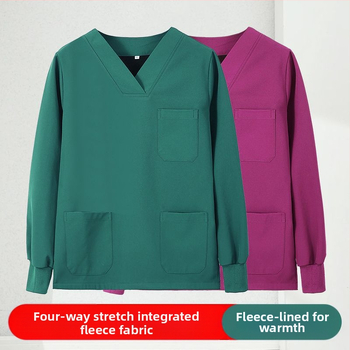 Set scrub unisex pentru clinici dentare și veterinare, căptușit cu fleece, mâneci lungi, costum split (top și bottom), decolteu în V, 90–95% elastan