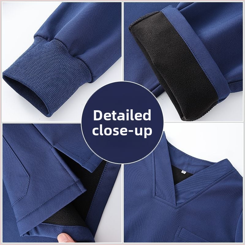 Set scrub unisex pentru clinici dentare și veterinare, căptușit cu fleece, mâneci lungi, costum split (top și bottom), decolteu în V, 90–95% elastan