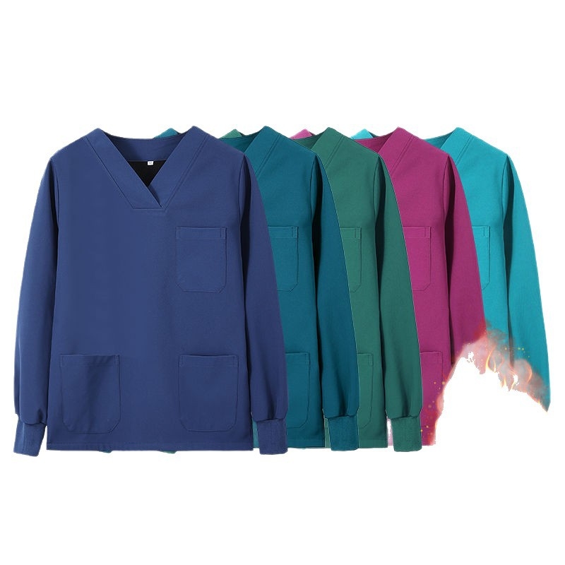 Set scrub unisex pentru clinici dentare și veterinare, căptușit cu fleece, mâneci lungi, costum split (top și bottom), decolteu în V, 90–95% elastan