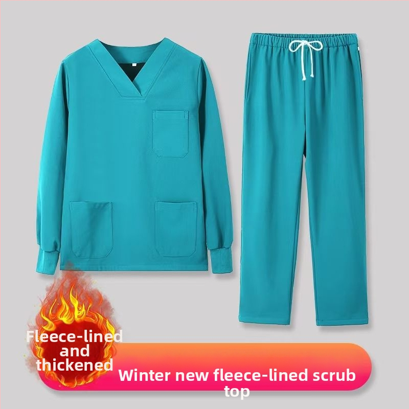 Set scrub unisex pentru clinici dentare și veterinare, căptușit cu fleece, mâneci lungi, costum split (top și bottom), decolteu în V, 90–95% elastan