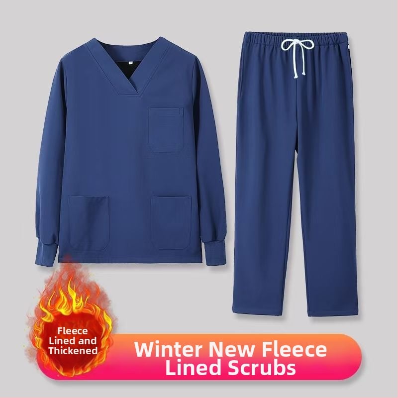 Set scrub unisex pentru clinici dentare și veterinare, căptușit cu fleece, mâneci lungi, costum split (top și bottom), decolteu în V, 90–95% elastan