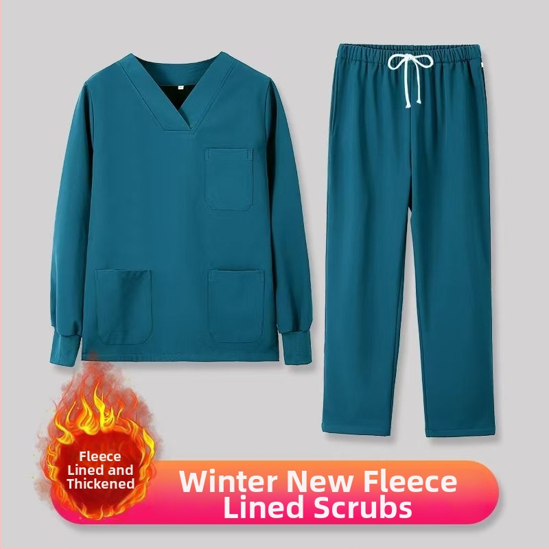 Set scrub unisex pentru clinici dentare și veterinare, căptușit cu fleece, mâneci lungi, costum split (top și bottom), decolteu în V, 90–95% elastan