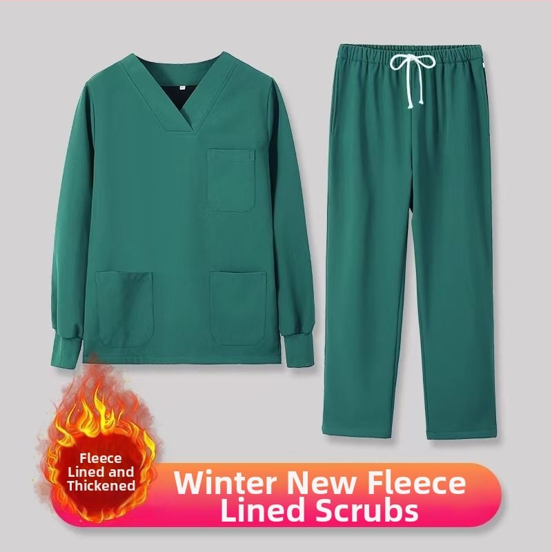 Set scrub unisex pentru clinici dentare și veterinare, căptușit cu fleece, mâneci lungi, costum split (top și bottom), decolteu în V, 90–95% elastan