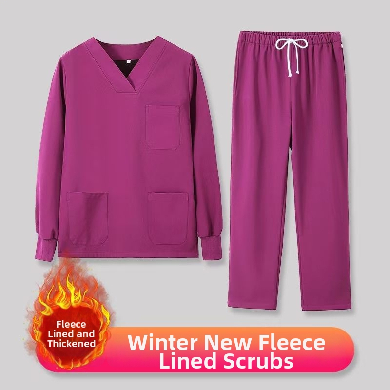 Set scrub unisex pentru clinici dentare și veterinare, căptușit cu fleece, mâneci lungi, costum split (top și bottom), decolteu în V, 90–95% elastan