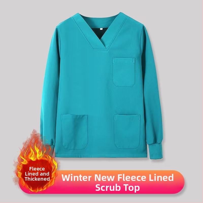 Set scrub unisex pentru clinici dentare și veterinare, căptușit cu fleece, mâneci lungi, costum split (top și bottom), decolteu în V, 90–95% elastan
