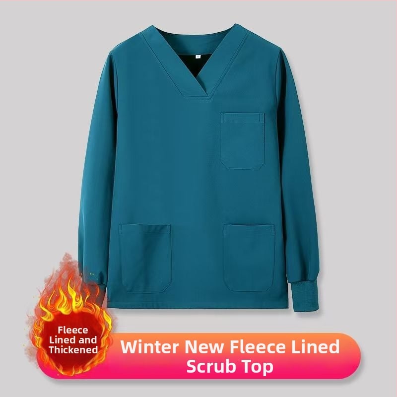 Set scrub unisex pentru clinici dentare și veterinare, căptușit cu fleece, mâneci lungi, costum split (top și bottom), decolteu în V, 90–95% elastan