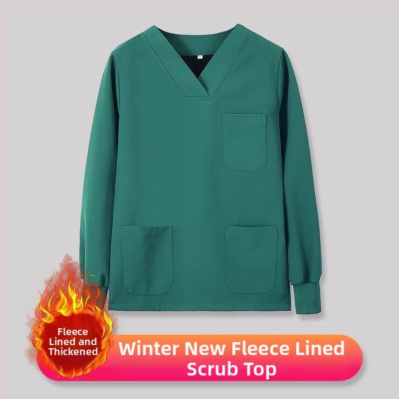 Set scrub unisex pentru clinici dentare și veterinare, căptușit cu fleece, mâneci lungi, costum split (top și bottom), decolteu în V, 90–95% elastan