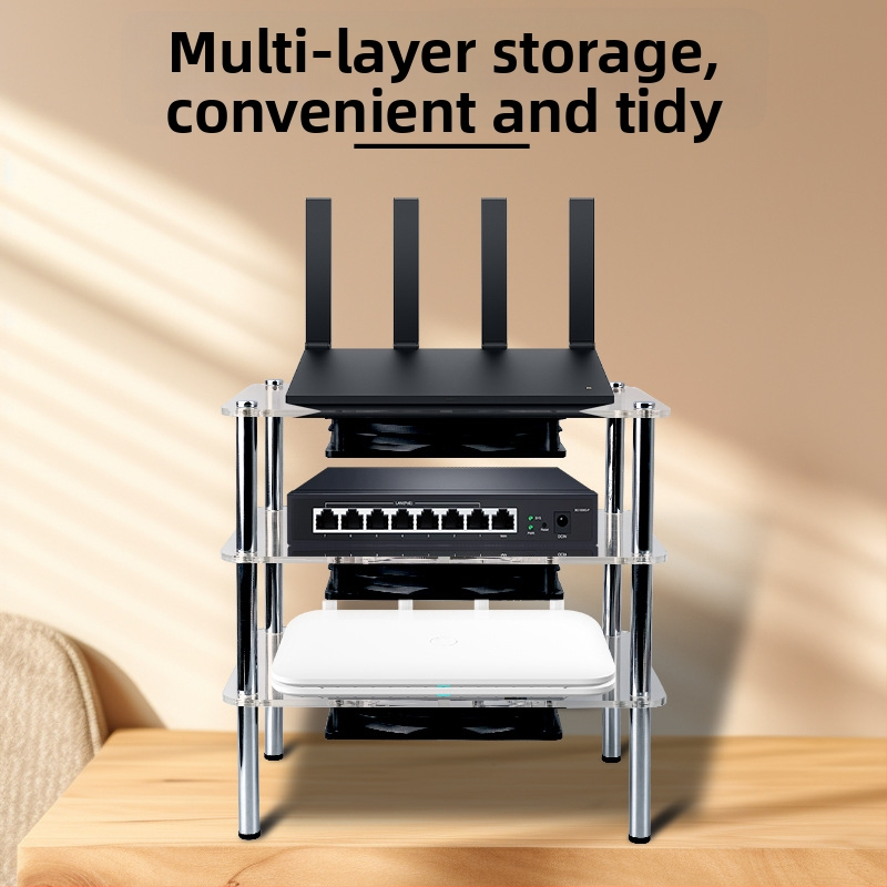 Atlīdzasēšanas statīvs maršrutētājam un modemam | ABS materiāls | 2 siltumvadi | 2 USB porti | Gaisa dzesēšana | Kluss dizains
