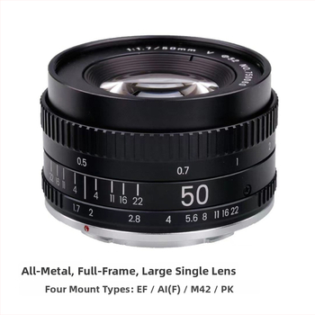Pilnmetāla objektīvs 50mm F1.7 ar fiksētu fokusu, 52 mm filtra diametrs, minimālais fokusēšanas attālums 0,5 m