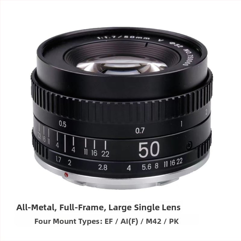 Pilnmetāla objektīvs 50mm F1.7 ar fiksētu fokusu, 52 mm filtra diametrs, minimālais fokusēšanas attālums 0,5 m