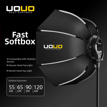 UOUO octagonal softbox cu montură pe hot shoe, construcție din țesătură+plastic, grilă difuzie, destinat fotografiei personale, opțiuni multiple de dimensiune