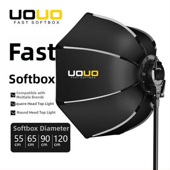UOUO octagonal softbox cu montură pe hot shoe, construcție din țesătură+plastic, grilă difuzie, destinat fotografiei personale, opțiuni multiple de dimensiune