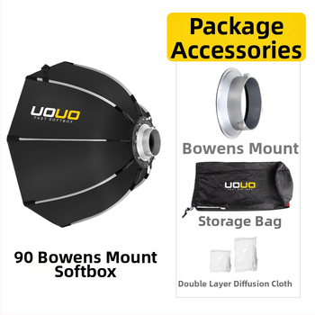 UOUO octagonal softbox cu montură pe hot shoe, construcție din țesătură+plastic, grilă difuzie, destinat fotografiei personale, opțiuni multiple de dimensiune
