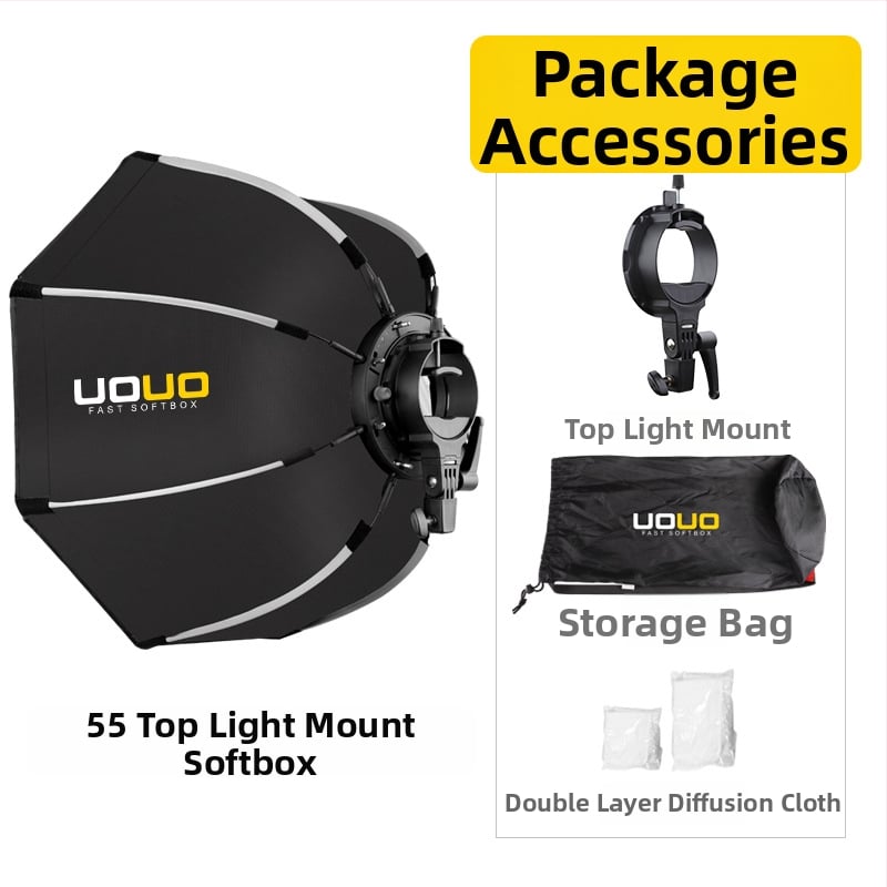 UOUO octagonal softbox cu montură pe hot shoe, construcție din țesătură+plastic, grilă difuzie, destinat fotografiei personale, opțiuni multiple de dimensiune