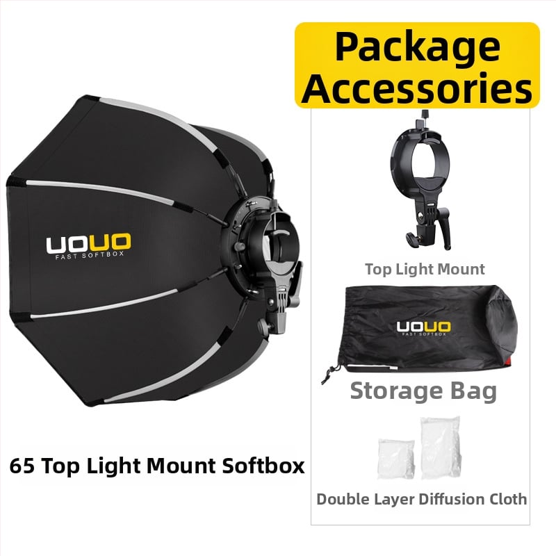 UOUO octagonal softbox cu montură pe hot shoe, construcție din țesătură+plastic, grilă difuzie, destinat fotografiei personale, opțiuni multiple de dimensiune