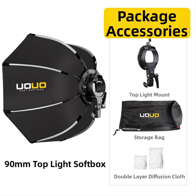UOUO octagonal softbox cu montură pe hot shoe, construcție din țesătură+plastic, grilă difuzie, destinat fotografiei personale, opțiuni multiple de dimensiune