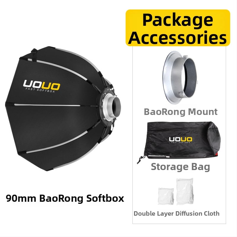 UOUO octagonal softbox cu montură pe hot shoe, construcție din țesătură+plastic, grilă difuzie, destinat fotografiei personale, opțiuni multiple de dimensiune
