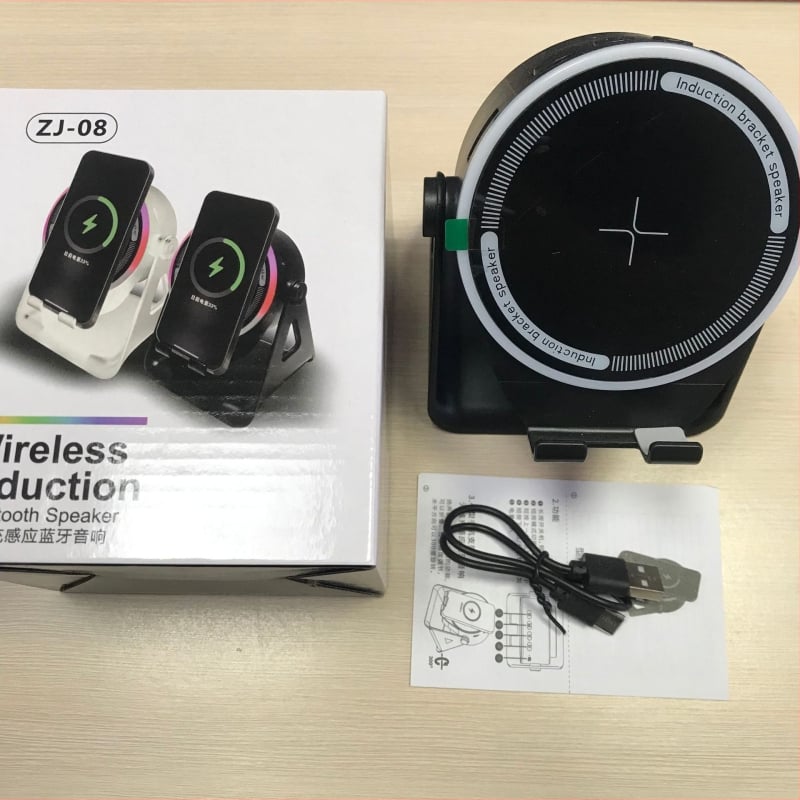 Sakārtojams galda tālruņa statīvs ar bezvadu skaļruni un atmosfēras gaismu, QC4.0 ātrā uzlāde, 15W, 3A