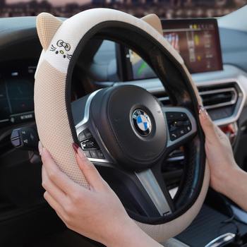 Еластичен калъф за волан с 3D бродерия на котешки уши, универсален за всички сезони, синтетично влакно, мил стил, лесен монтаж