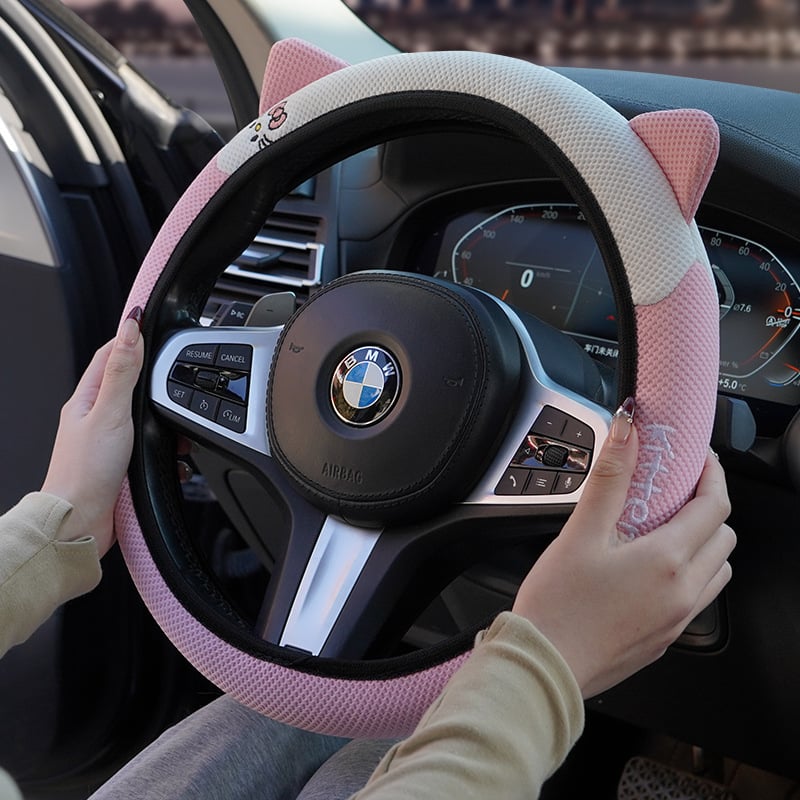 Еластичен калъф за волан с 3D бродерия на котешки уши, универсален за всички сезони, синтетично влакно, мил стил, лесен монтаж