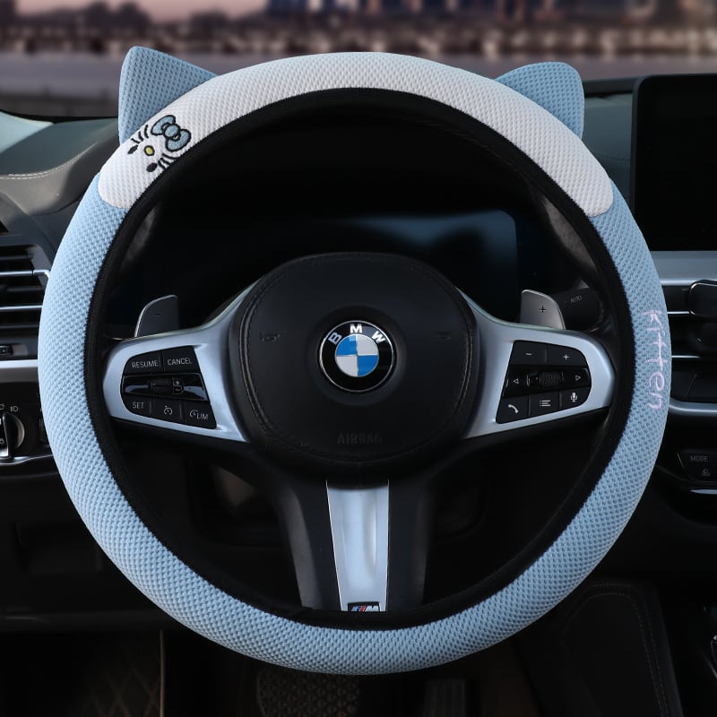 Еластичен калъф за волан с 3D бродерия на котешки уши, универсален за всички сезони, синтетично влакно, мил стил, лесен монтаж