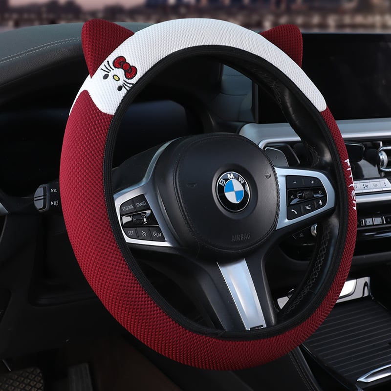 Еластичен калъф за волан с 3D бродерия на котешки уши, универсален за всички сезони, синтетично влакно, мил стил, лесен монтаж