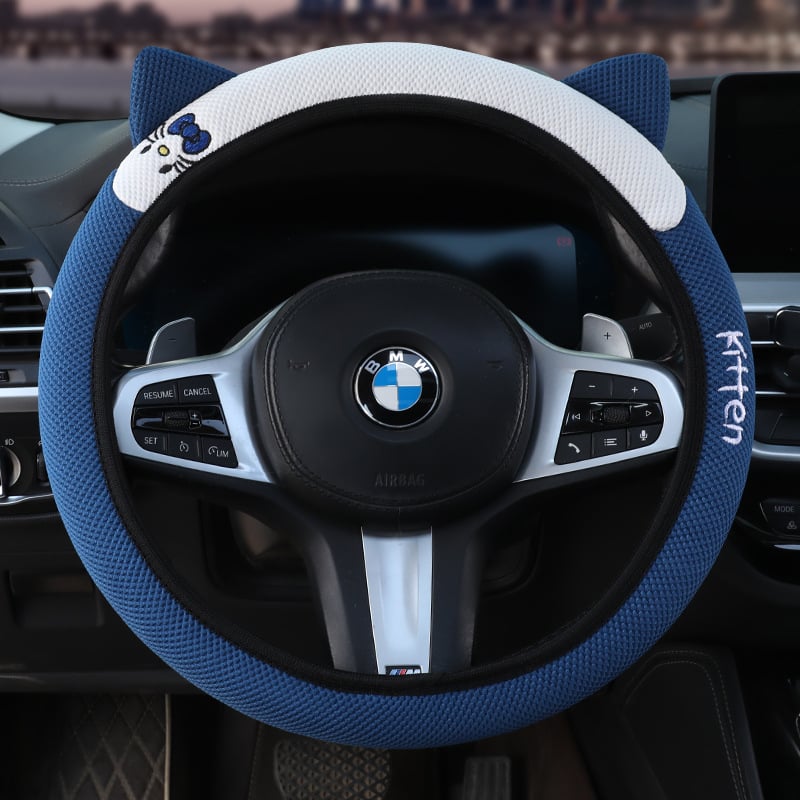 Еластичен калъф за волан с 3D бродерия на котешки уши, универсален за всички сезони, синтетично влакно, мил стил, лесен монтаж