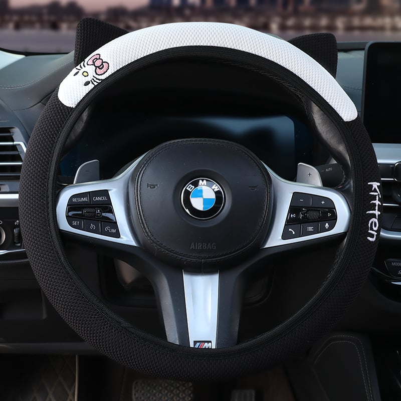 Еластичен калъф за волан с 3D бродерия на котешки уши, универсален за всички сезони, синтетично влакно, мил стил, лесен монтаж