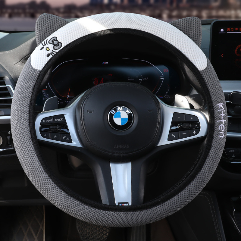 Еластичен калъф за волан с 3D бродерия на котешки уши, универсален за всички сезони, синтетично влакно, мил стил, лесен монтаж