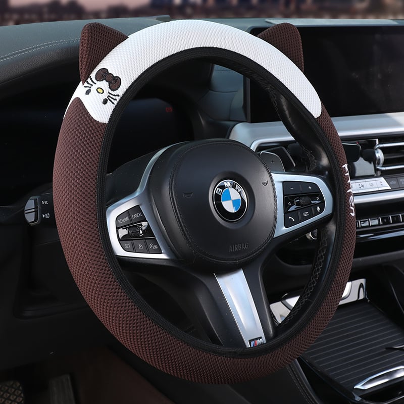 Еластичен калъф за волан с 3D бродерия на котешки уши, универсален за всички сезони, синтетично влакно, мил стил, лесен монтаж