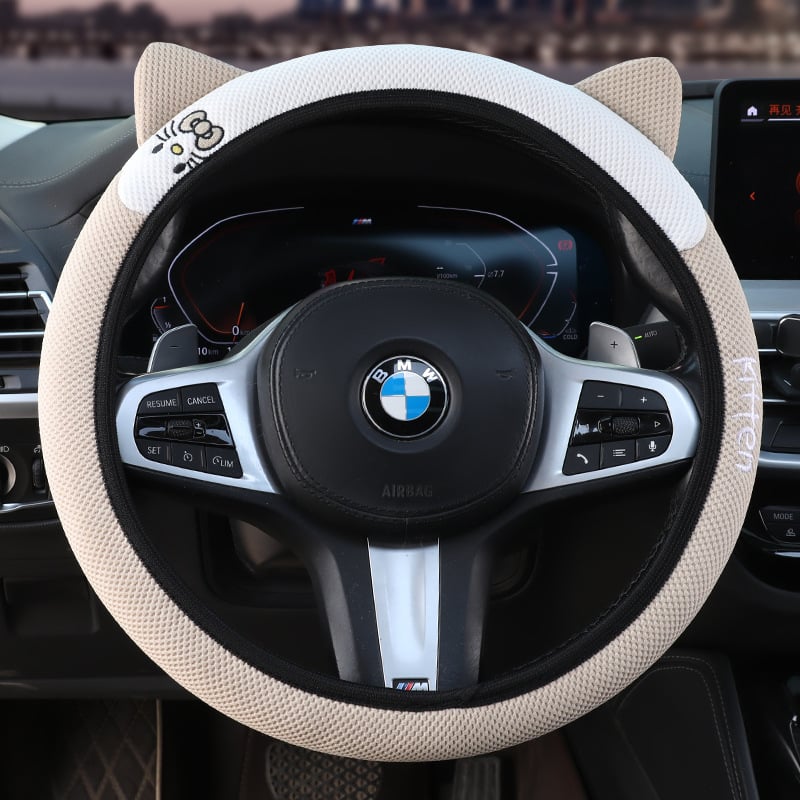 Еластичен калъф за волан с 3D бродерия на котешки уши, универсален за всички сезони, синтетично влакно, мил стил, лесен монтаж