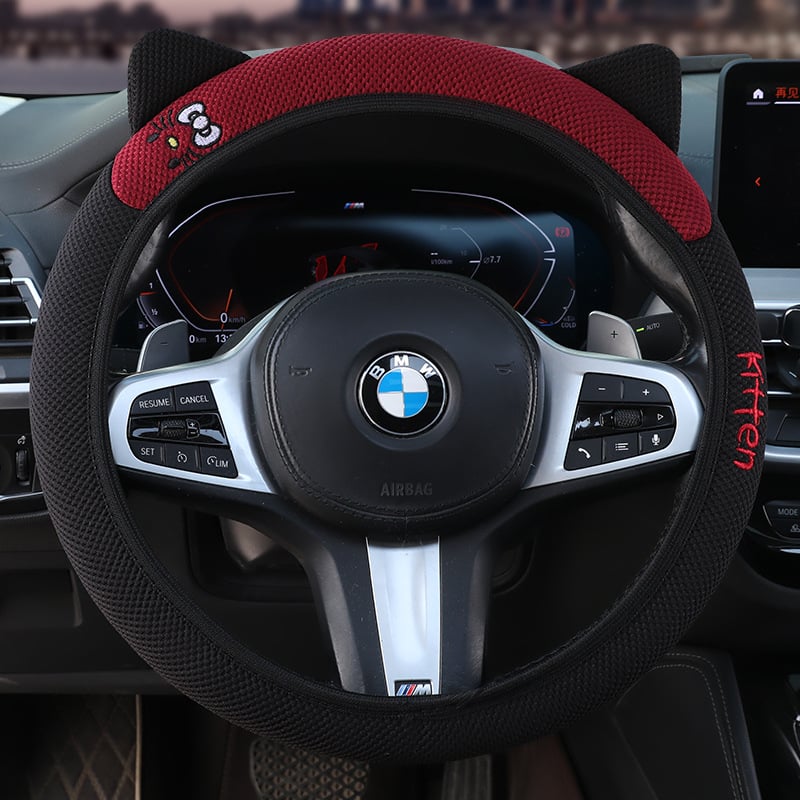 Еластичен калъф за волан с 3D бродерия на котешки уши, универсален за всички сезони, синтетично влакно, мил стил, лесен монтаж