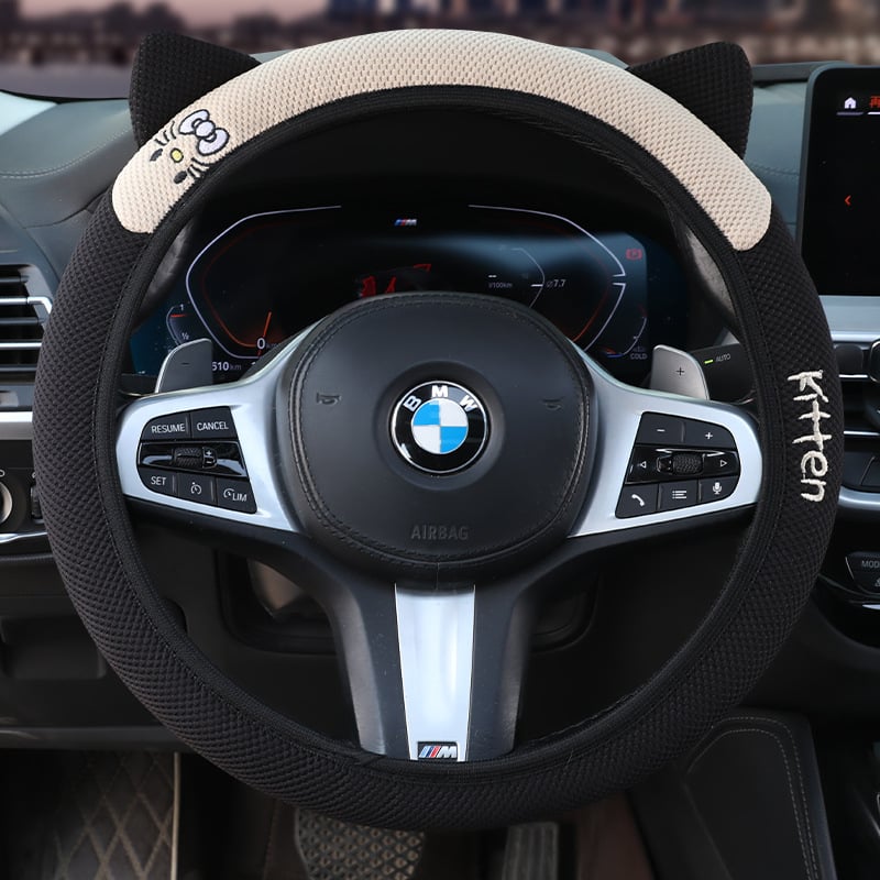 Еластичен калъф за волан с 3D бродерия на котешки уши, универсален за всички сезони, синтетично влакно, мил стил, лесен монтаж