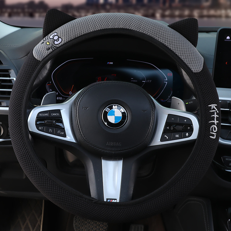 Еластичен калъф за волан с 3D бродерия на котешки уши, универсален за всички сезони, синтетично влакно, мил стил, лесен монтаж