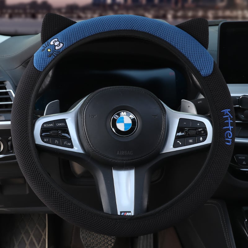 Еластичен калъф за волан с 3D бродерия на котешки уши, универсален за всички сезони, синтетично влакно, мил стил, лесен монтаж