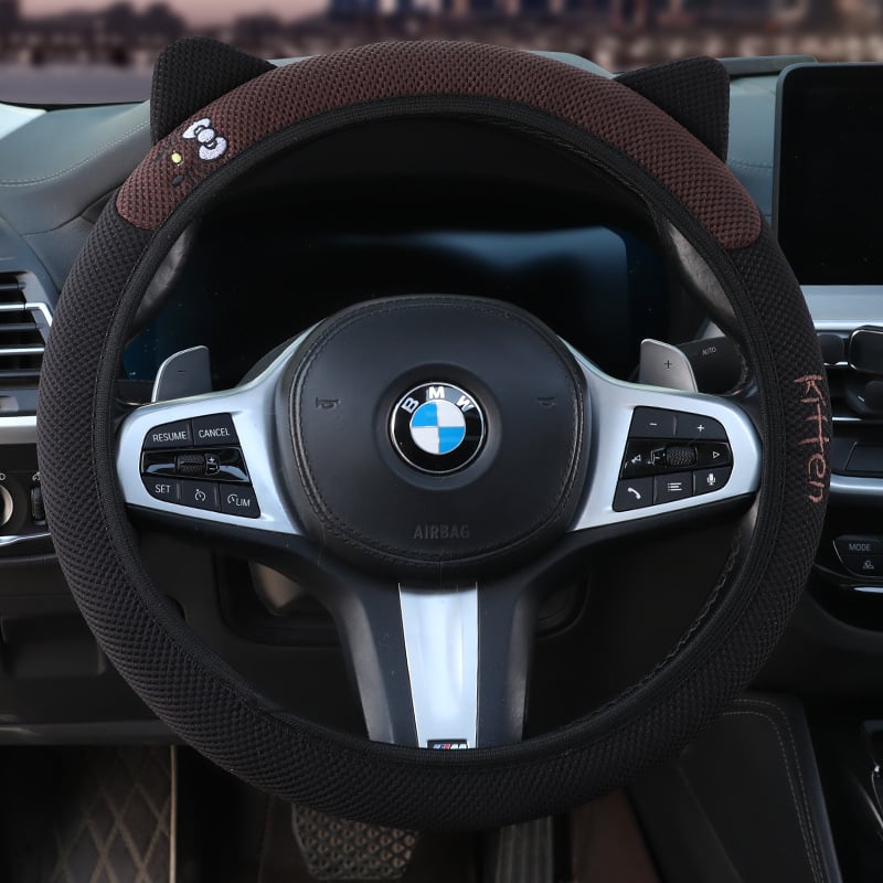 Еластичен калъф за волан с 3D бродерия на котешки уши, универсален за всички сезони, синтетично влакно, мил стил, лесен монтаж